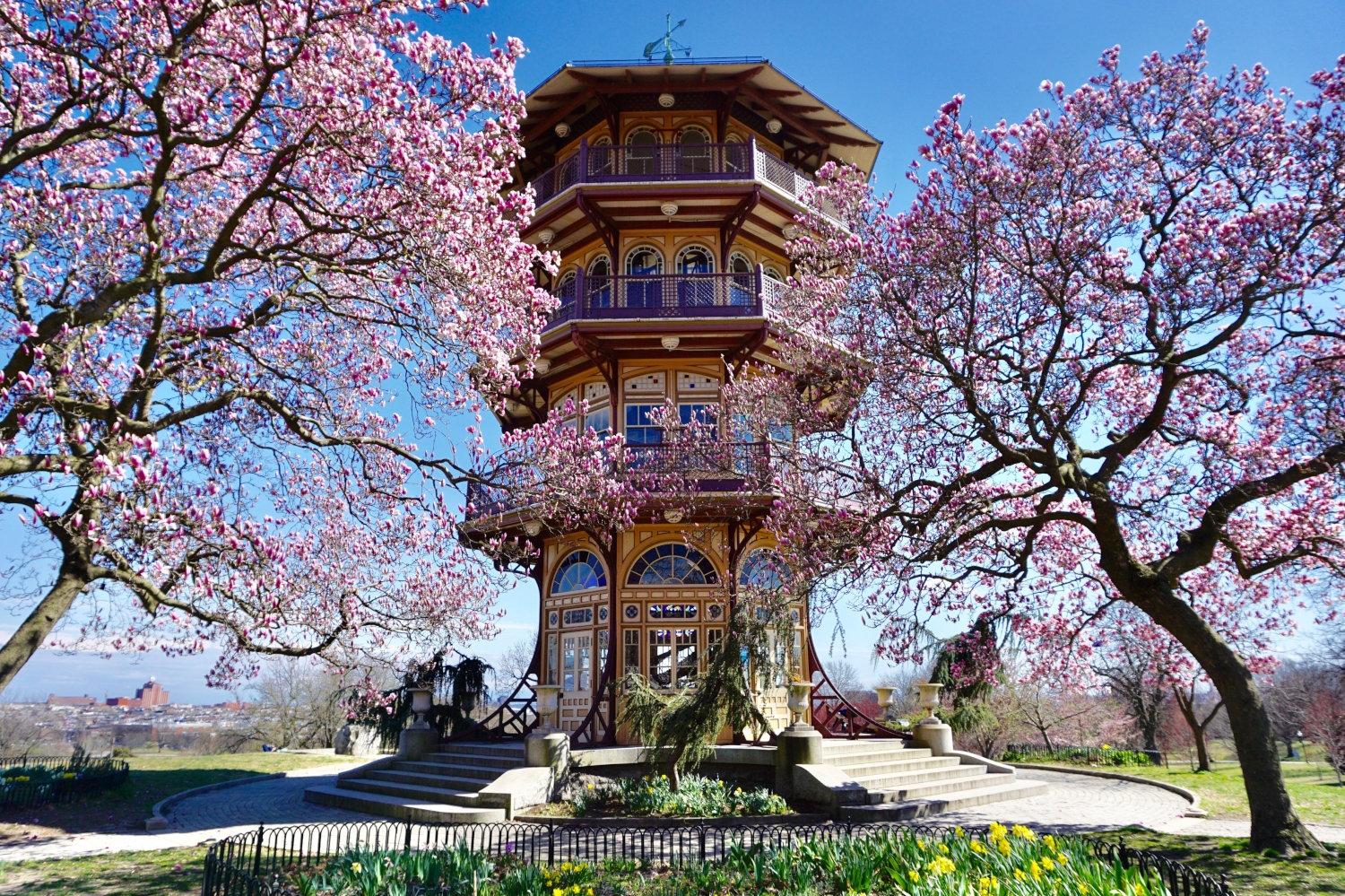 Baltimore Pagoda in Patterson Park flanked by cherry trees in bloom