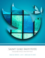 Cover of the Saint Luke Institute Fiscal Year 2023 report featuring a large dove image outline with stained glass inside on a blue and white background