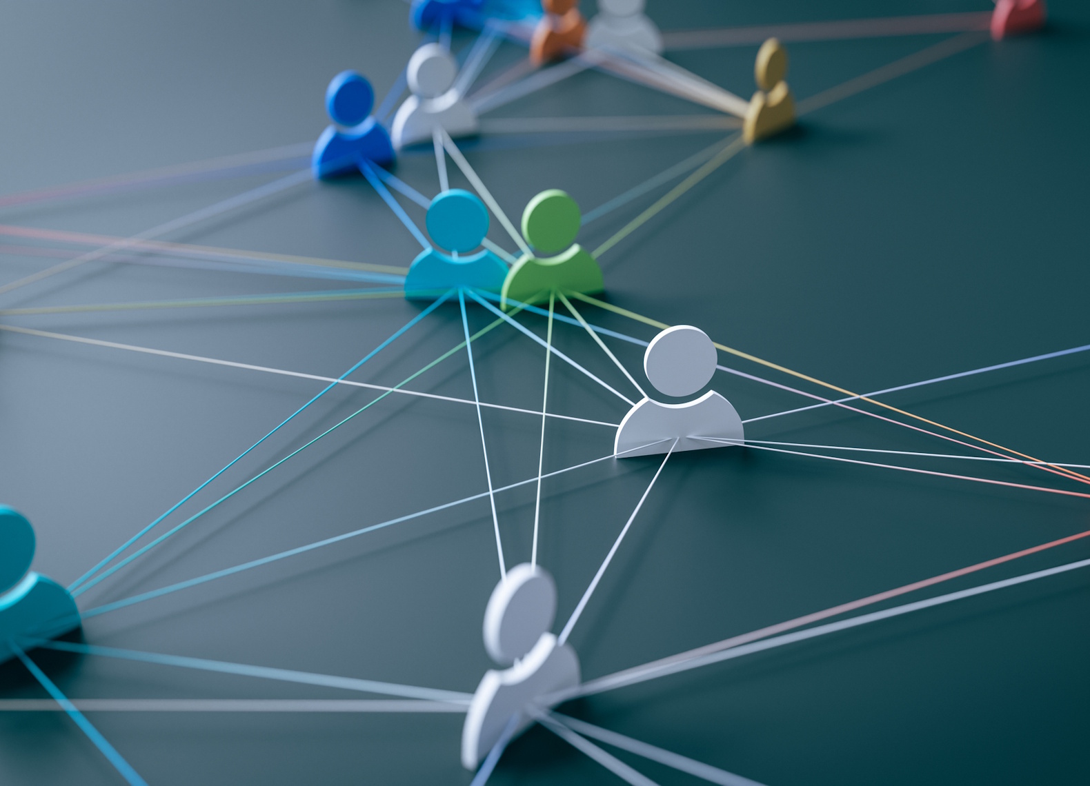 A concept that expresses the hyper-connected society of modern society by connecting people icons with lines, 3d rendering.