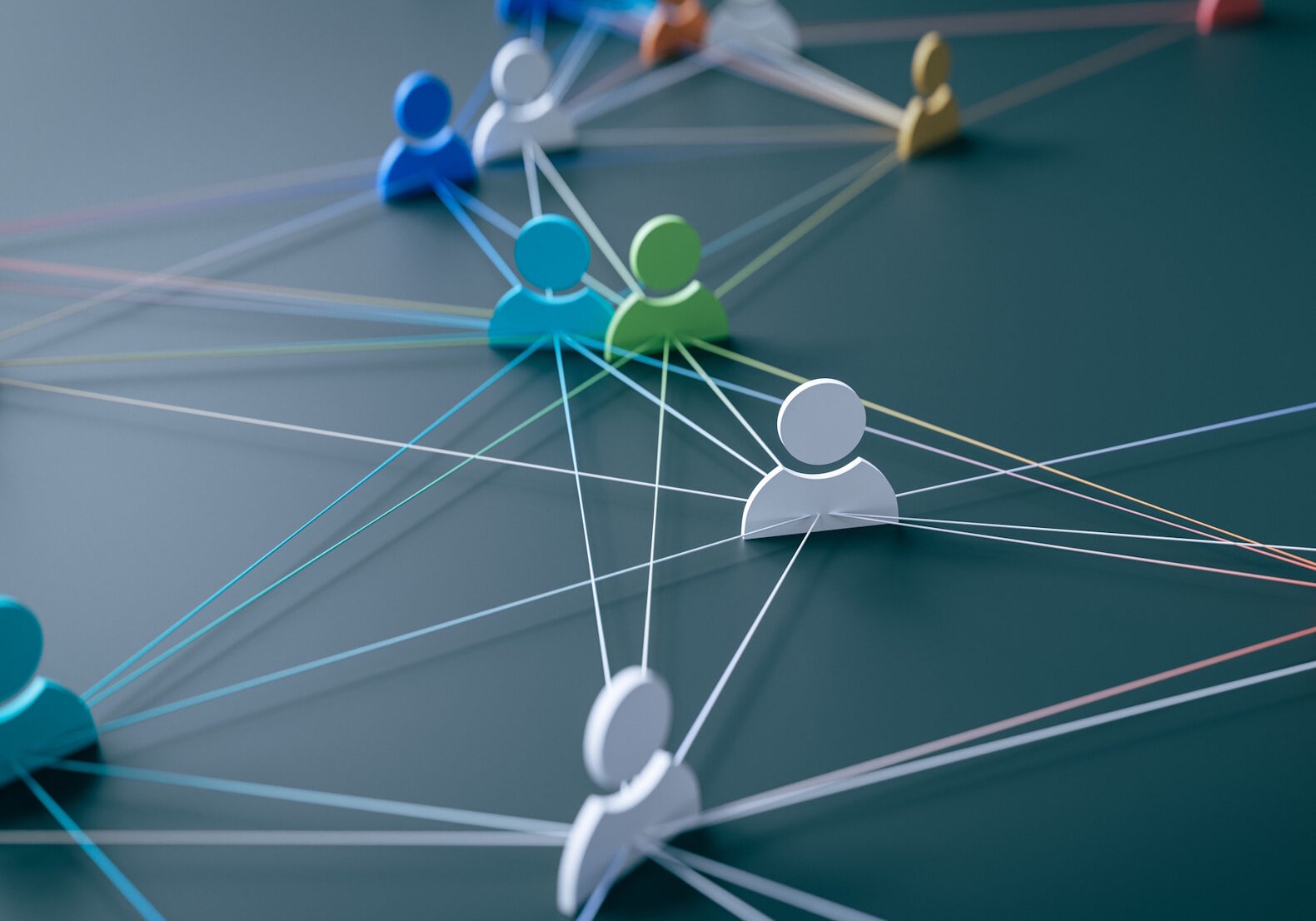 A concept that expresses the hyper-connected society of modern society by connecting people icons with lines, 3d rendering.