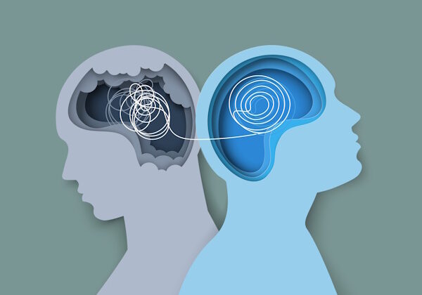 Psychological help and psycho therapy for mental health vector illustration. Two human heads silhouette paper cut design